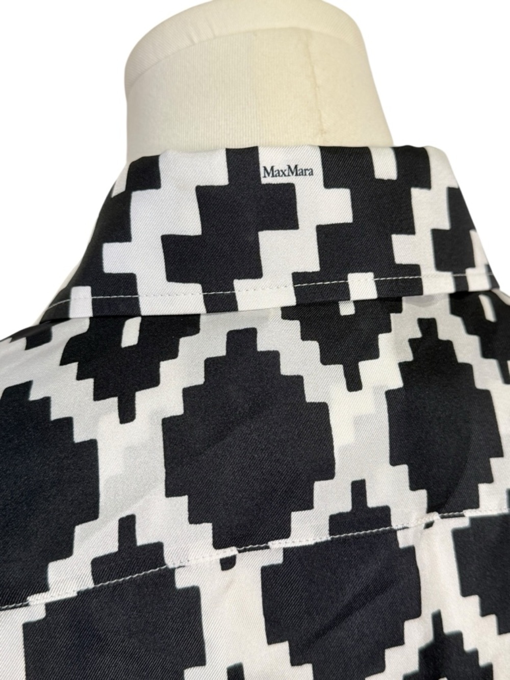 Max Mara Silk Shirt Geometric Print Cinched Waist Dress In Black & White Size 8 - Picture 6 of 13